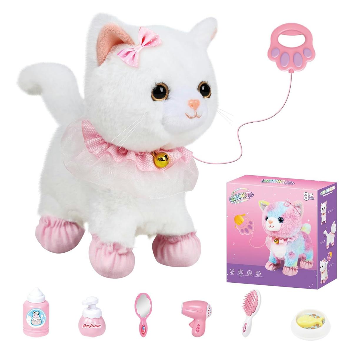 

Interactive Lifelike Walking Toy Cat for Kids, Touch&Voice Controlled Remote with Leash, Wags Tail, birthday Christmas Gift