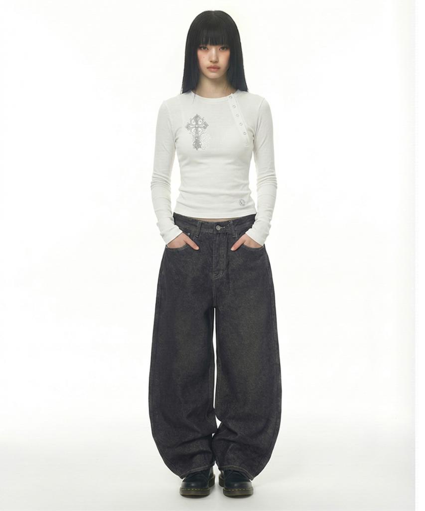 Damiswi Vintage Cross Asymmetric Button Long Sleeve_Ivory