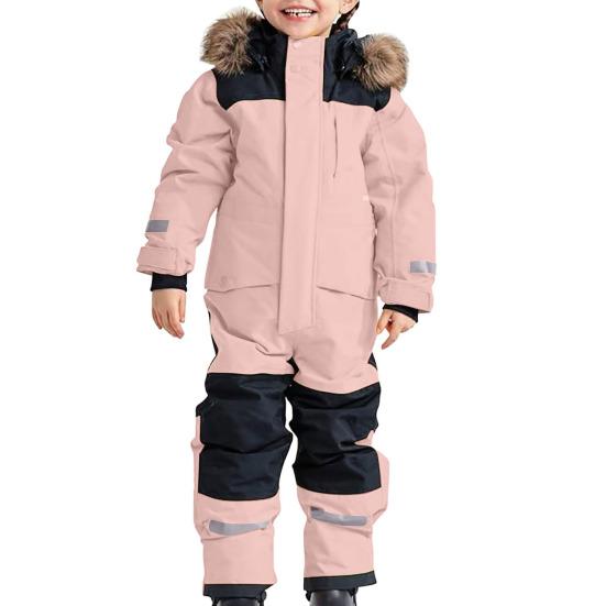 Kids One Piece Ski Suit Waterproof Windproof Snowsuit Tear-Resistant Warm Coral Fleece Lining Winter Outdoor Overalls for Boys Girls Snowboarding