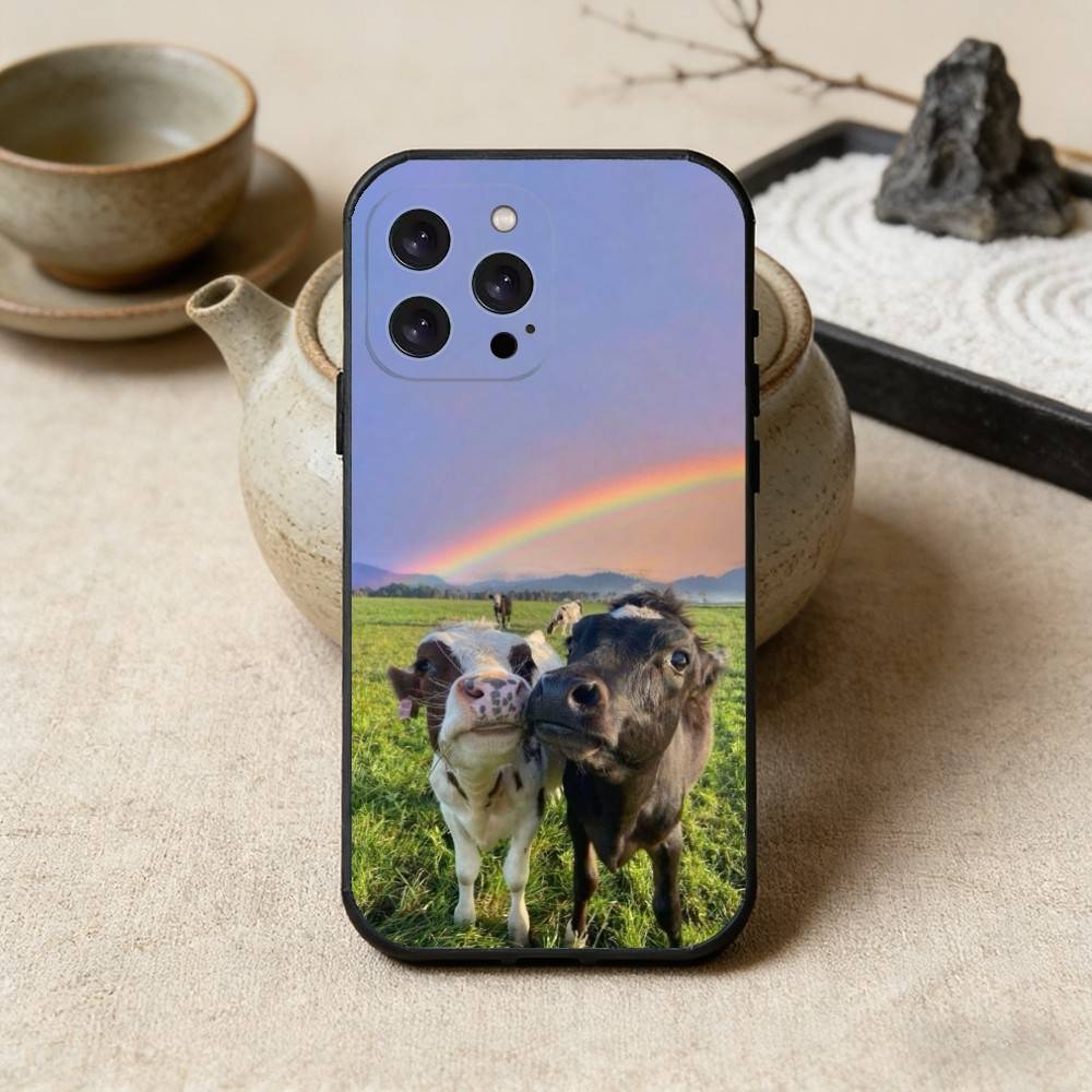 Lovely Cute Cow Cows OX Phone Case For iPhone17,16,15,14,13,12 Plus,Max Soft Silicone Black Cover