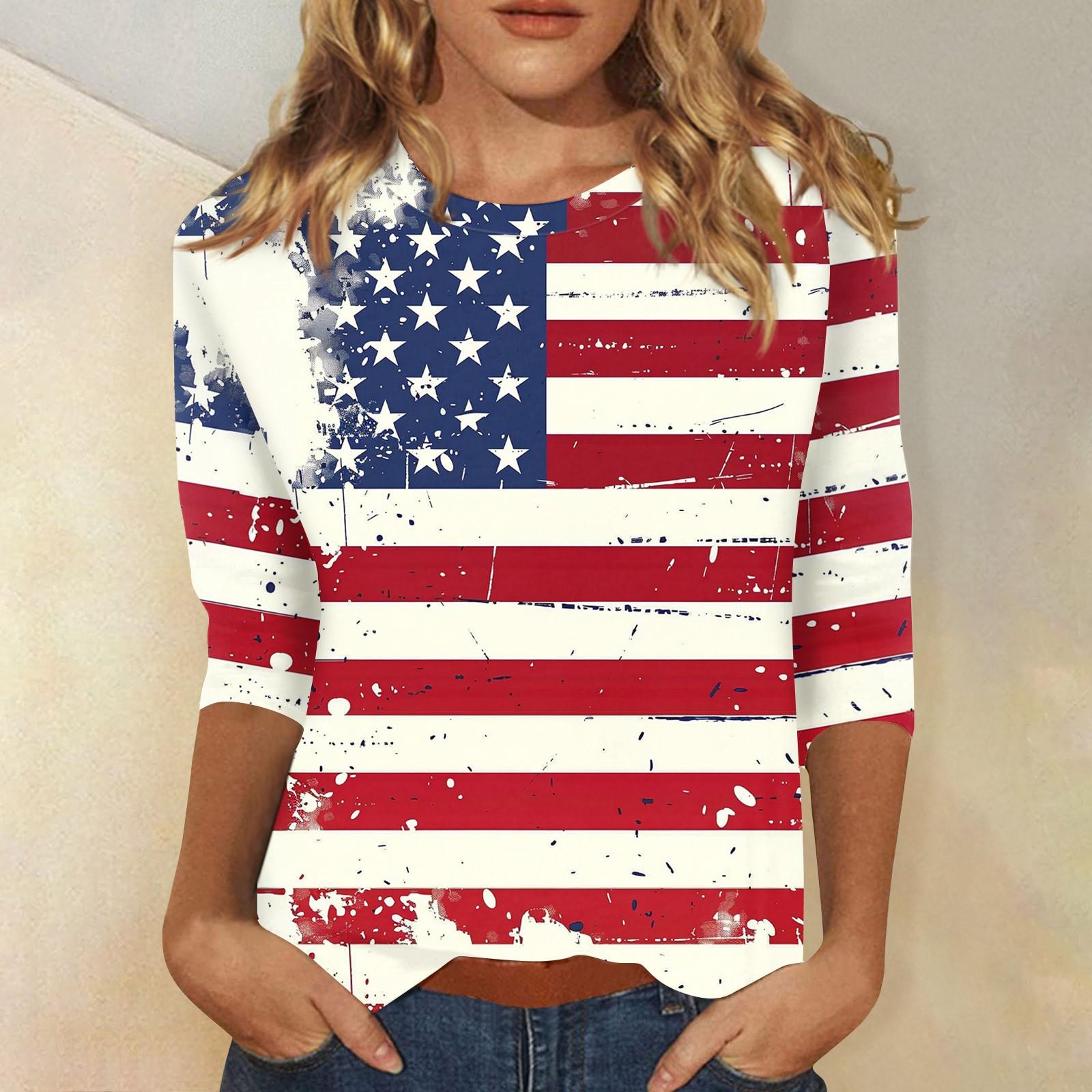 

Women s Fashion Casual Three-quarter Sleeve Independence Day Printed Round Neck Top L