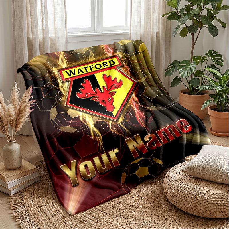 Watford FC Benutzerdefinierter Name Text Flanelldecke Fußball Logo Personalisierte Fleece-Wurfdecke Besonderes Geschenk für Sofa Schlafzimmer Zuhause