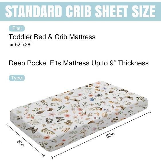 Retro Boho Floral Leaves Butterflies Baby Crib Sheet 52''x28'' Botanic Garden Spring Stretchy Fitted Crib Mattress Cover for Boy Girl Plants Soft