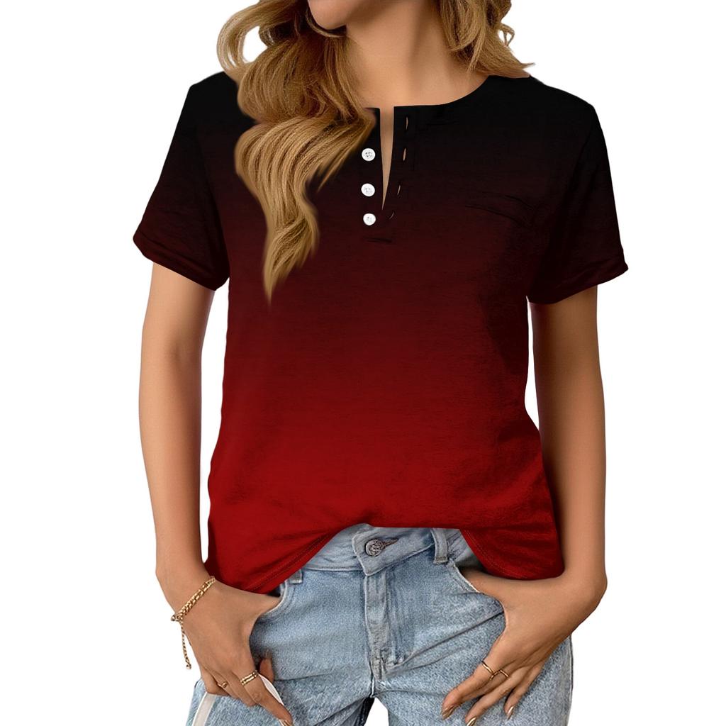 Women's Fashionable Casual Summer Gradient V-neck Button Short-sleeved Top