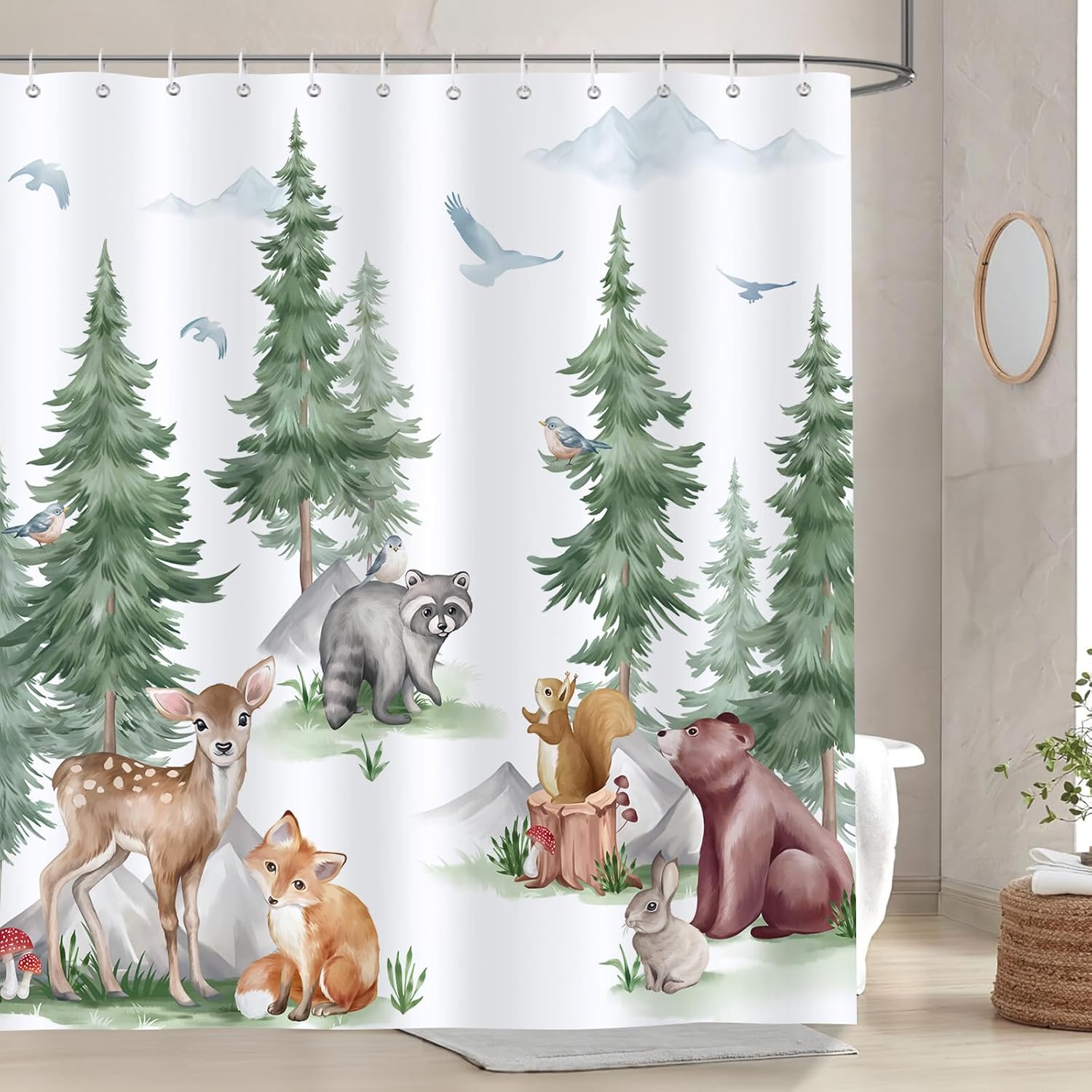 

Animal Forest Shower Curtain Bear Fox Deer Squirrel Waterproof Bathroom Decorative Shower Curtain 180 X 180Cm With 12 Hooks W60H190(CM)-1 Pcs