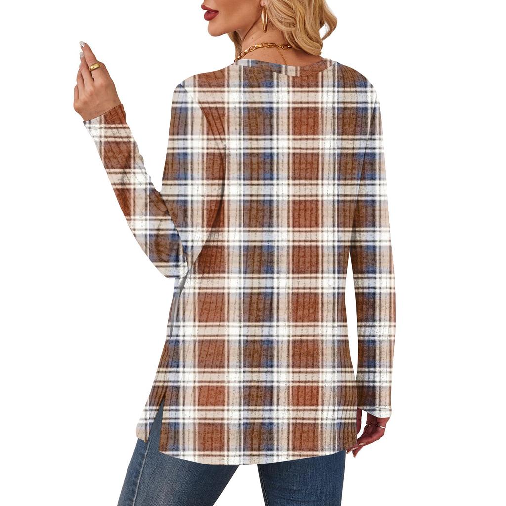 Women's Checkered Printed Round-neck Long-sleeved Top With Pockets And Side Slits