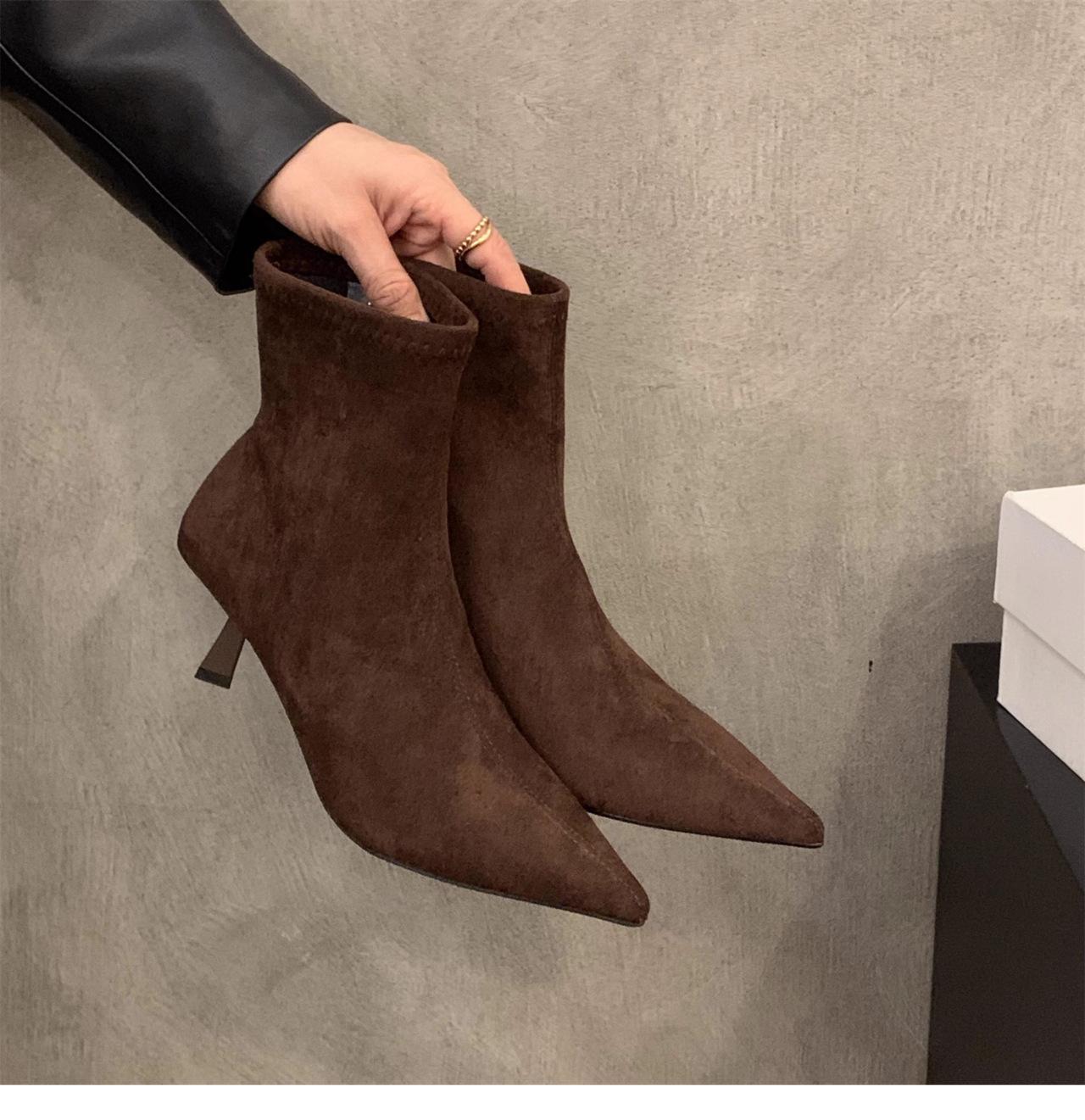 

Модные женские сексуальные эластичные ботильоны с острым носком, короткие ботильоны, обувь для модных вечеринок, шпилька, высокий каблук, носки-ботильоны, женские ботильоны 2025 новинка 37 темный кофе