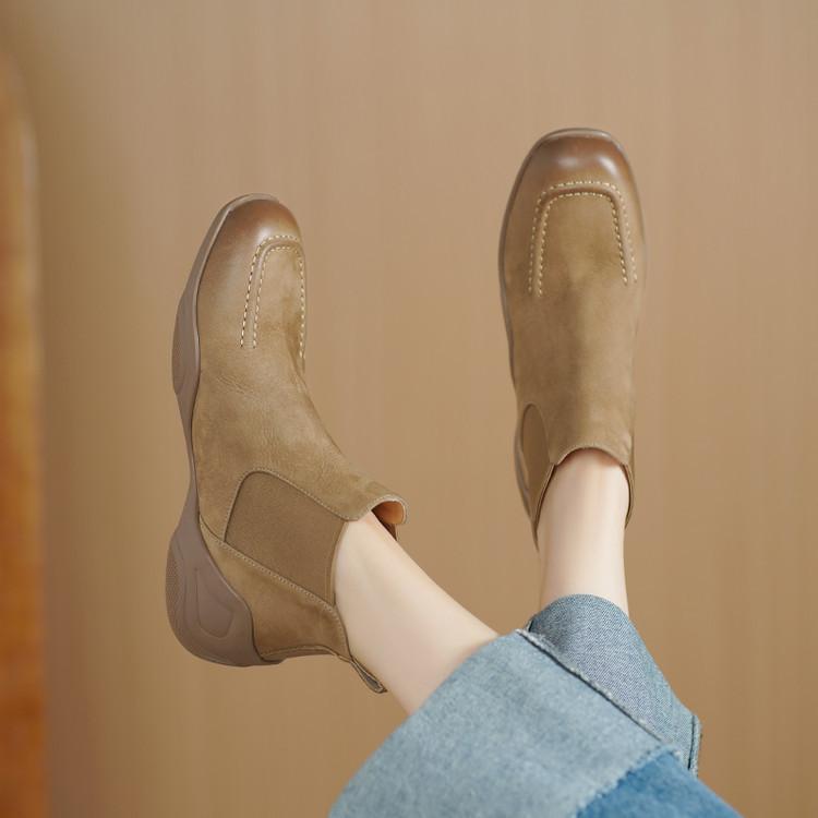 Polished Round Head Thick-soled Short Boots for Women's 2025 Autumn and Winter New Soft-soled Comfortable Niu Bago Leather Elastic Single Boots