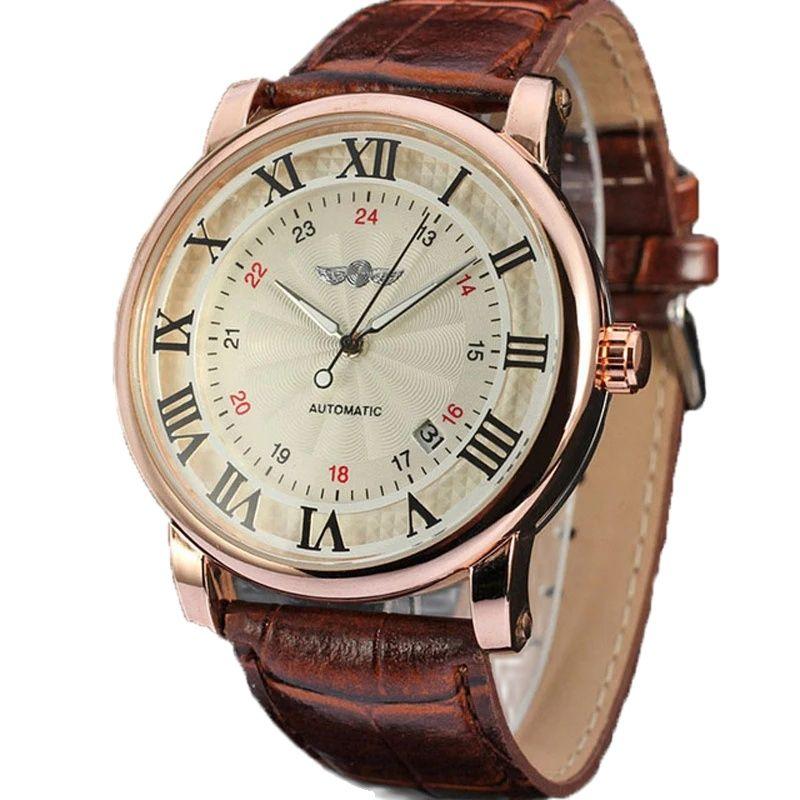 Relogio Relojes New Fashion Rose Gold Watches Day Date Automatic Self Wind Leather Strap Men's Watches Mechanical Watches