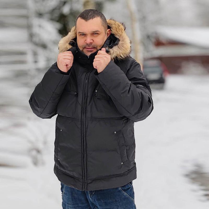 Erkekler Aşağı Ceket Kış Sıcak Aşağı Palto 80% Beyaz Ördek Aşağı Gerçek Rakun Kürk Kış Erkek Mont Siyah