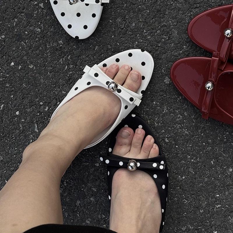 

Spring new pointed polka dot back strap sandals women s bag head bow pearl medium heel single shoes women s shoes 39 білий