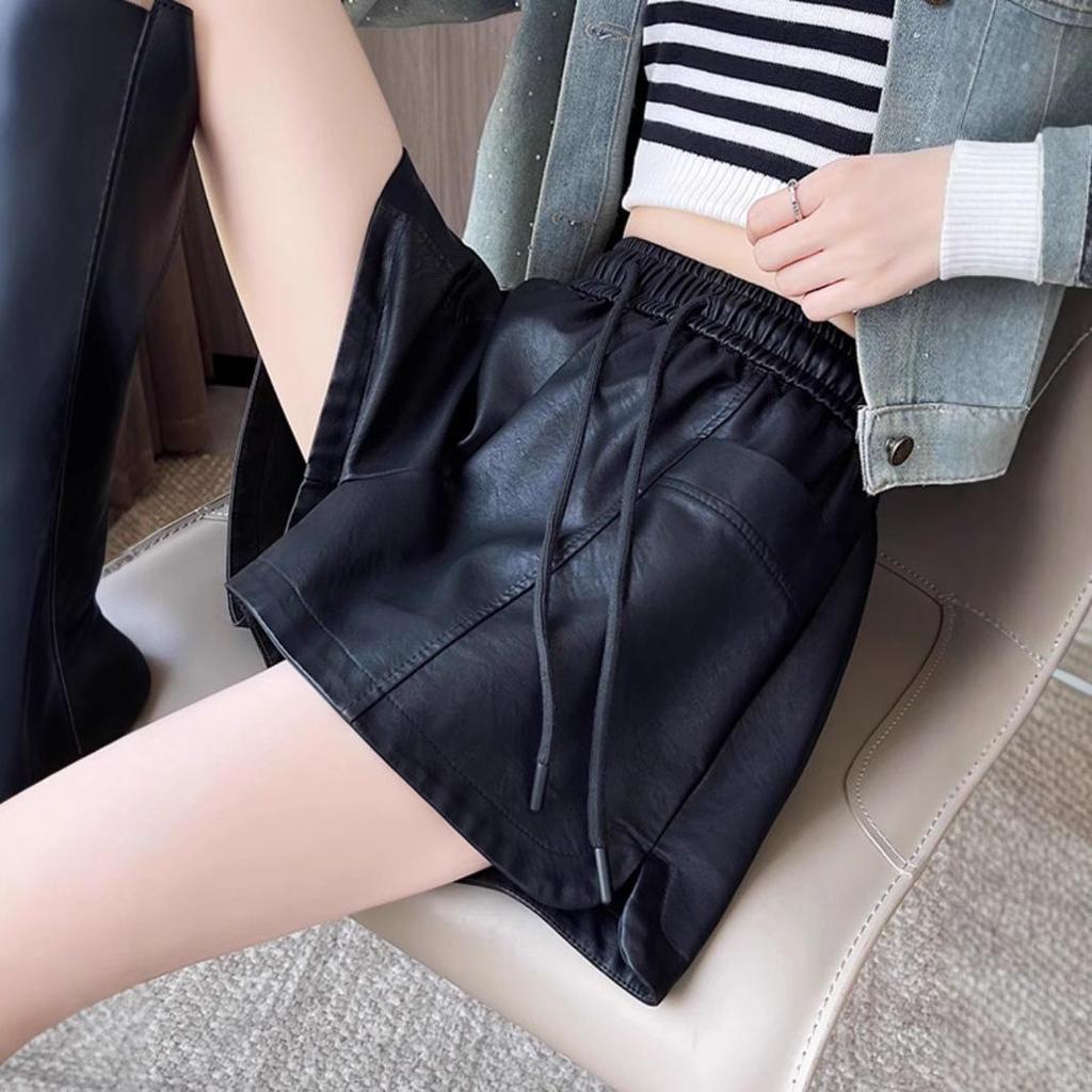 Women's High-Waist Khaki PU Leather Shorts, Autumn/Winter 2024, European Style, Casual A-Line Boot Pants by Melaard