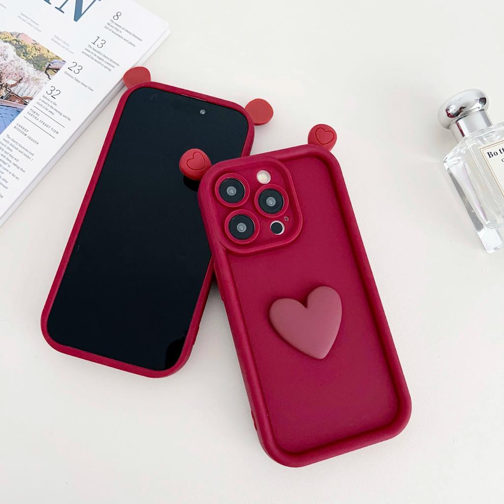 Burgundy Three-dimensional Ear Love Applies To iPhone17Promax Mobile Phone Case Apple 16/15 Cute 14/13