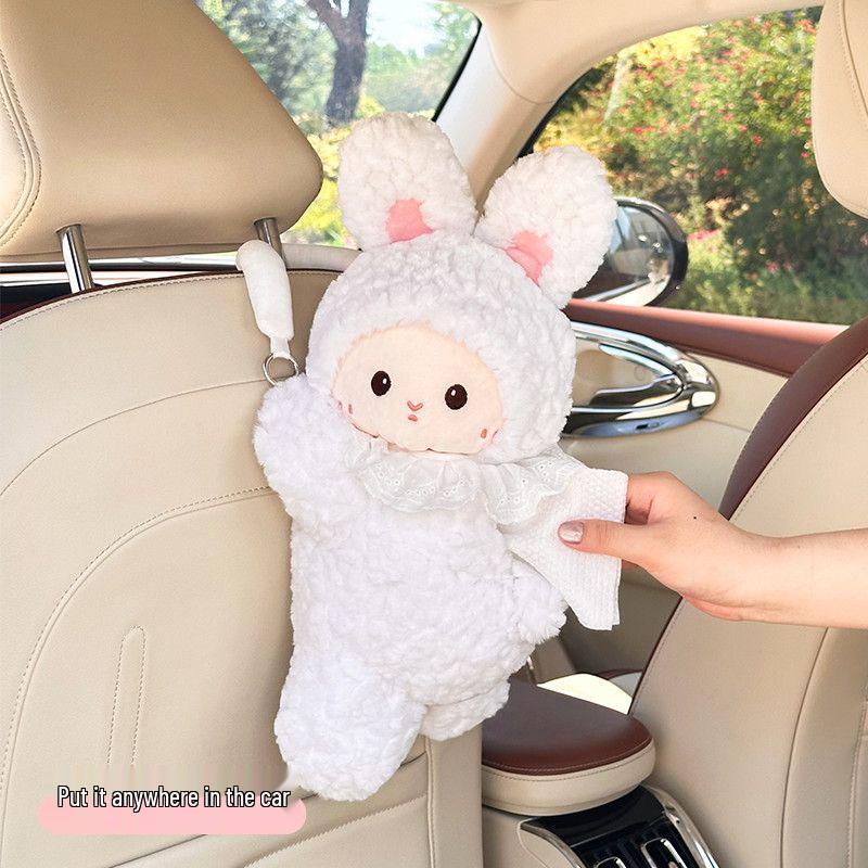 Cartoon Plush Car Tissue Holder - Cute Hanging Pull-out Tissue Box