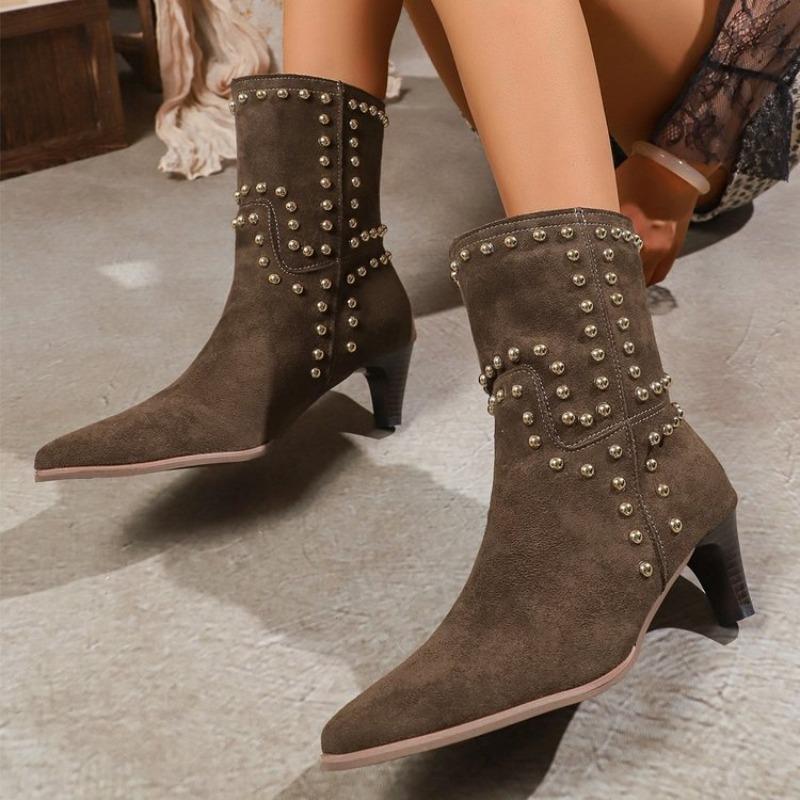 Women's Plus Size New Autumn Nubuck Rivet Stiletto Mid-Calf Martin Boots