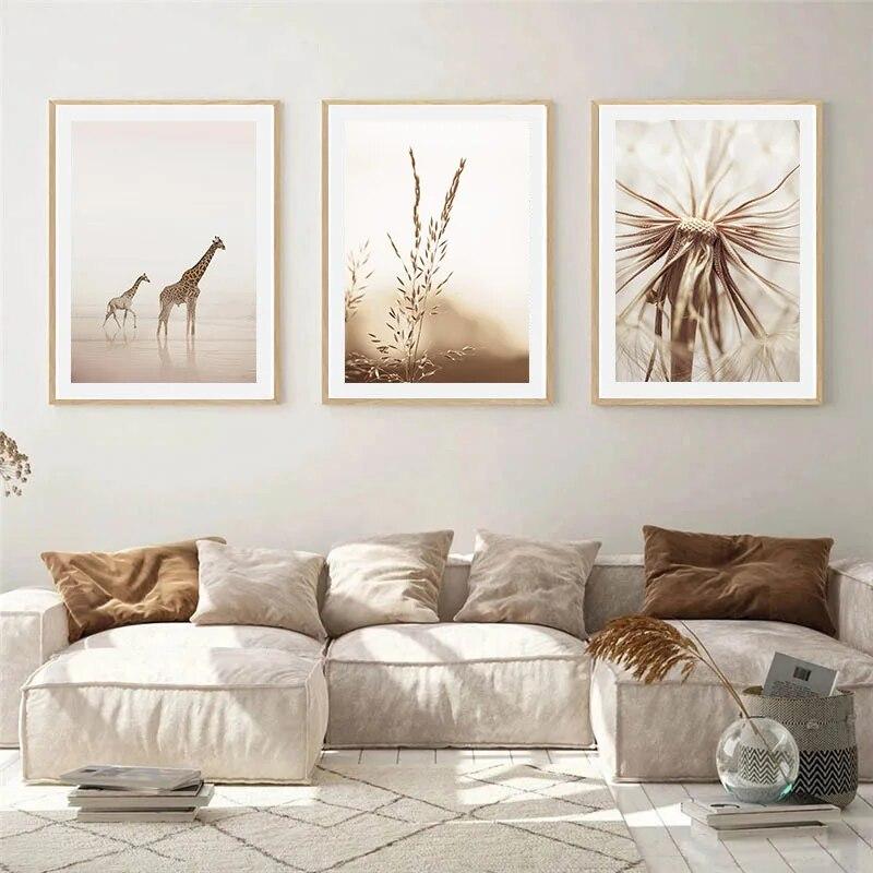 Naturlandschaft Nordisches Poster und Druck Beige Giraffe Strand Pflanze Botanische Kunst MalereiLeinwand Modernes Wandbild Wohnkultur