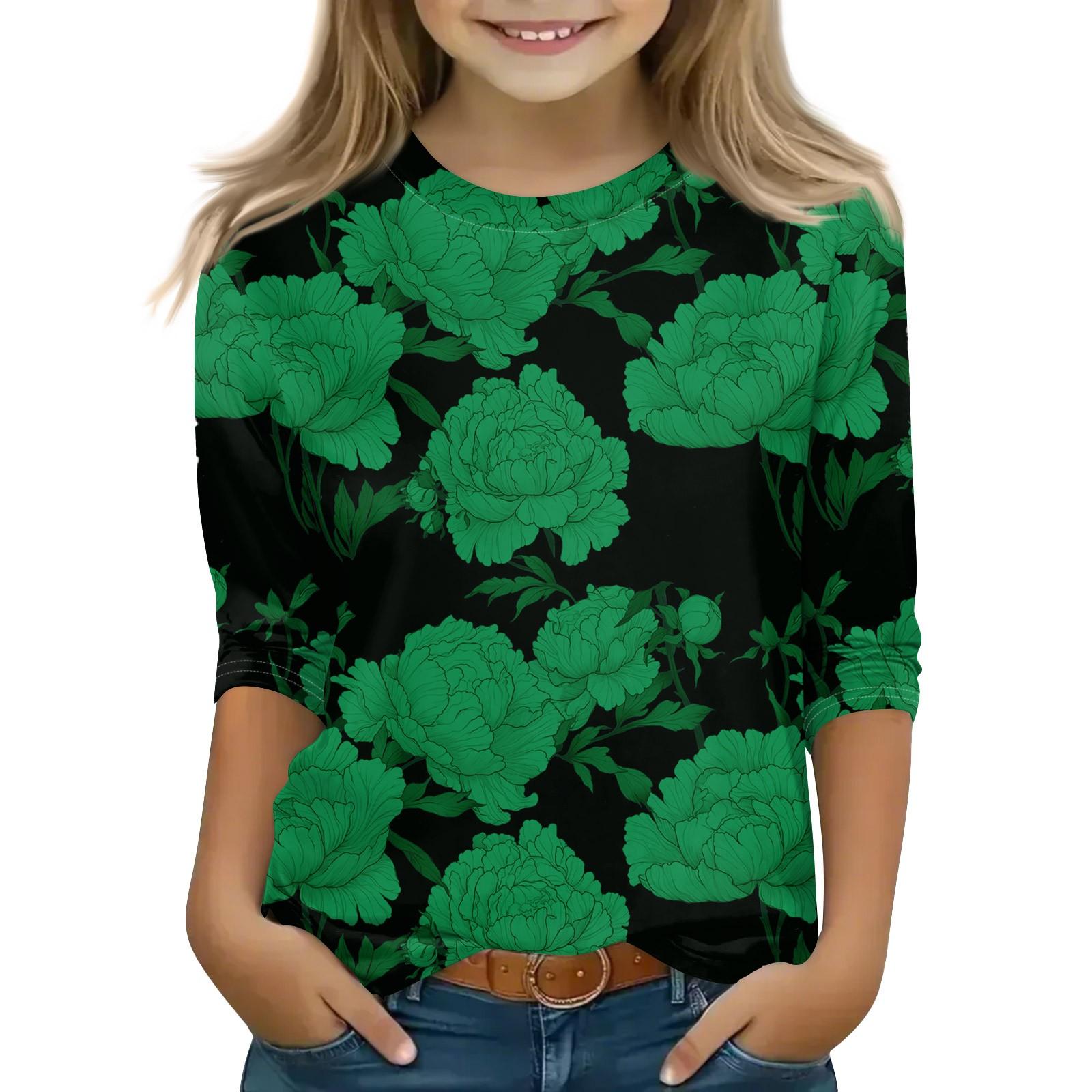 

Топы с принтом для девочек 5-16 лет с круглым вырезом и рукавами 3/4 Футболки Модные топы Наряды Футболки 160 зелёный