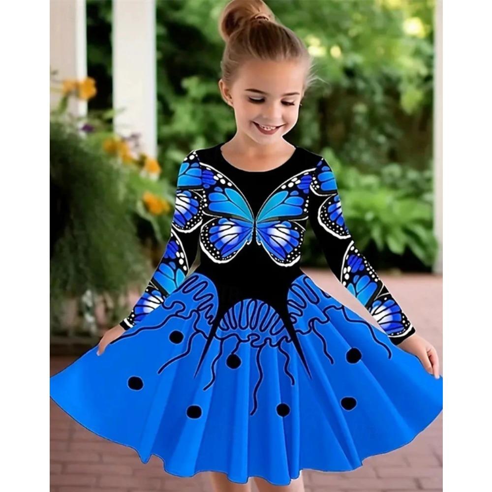 Girl Casual 3D Butterfly Print Round Neck Long Sleeve Dress Kid Princess Dress 80