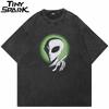 Hip Hop  Retro Washed Black TShirt Streetwear Funny Alien Graphic T Shirt Cotton Men Tshirt Unisex Tops Tees Hipster YK