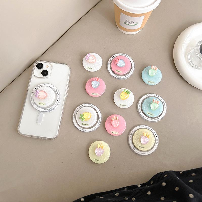 Glitter Epoxy Small Strawberry Mobile Phone Airbag Bracket Magnetic Suction Retractable Back Sticker Fun Women'S Small Fresh Support Rack