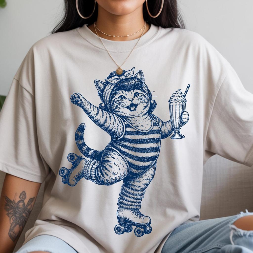 Funny CaT Shirt, Roller Skating Cat Tee, Comfort Colors Retro 80s CaT Shirt, Cat Lover Gift, Milkshake Cat T Shirt