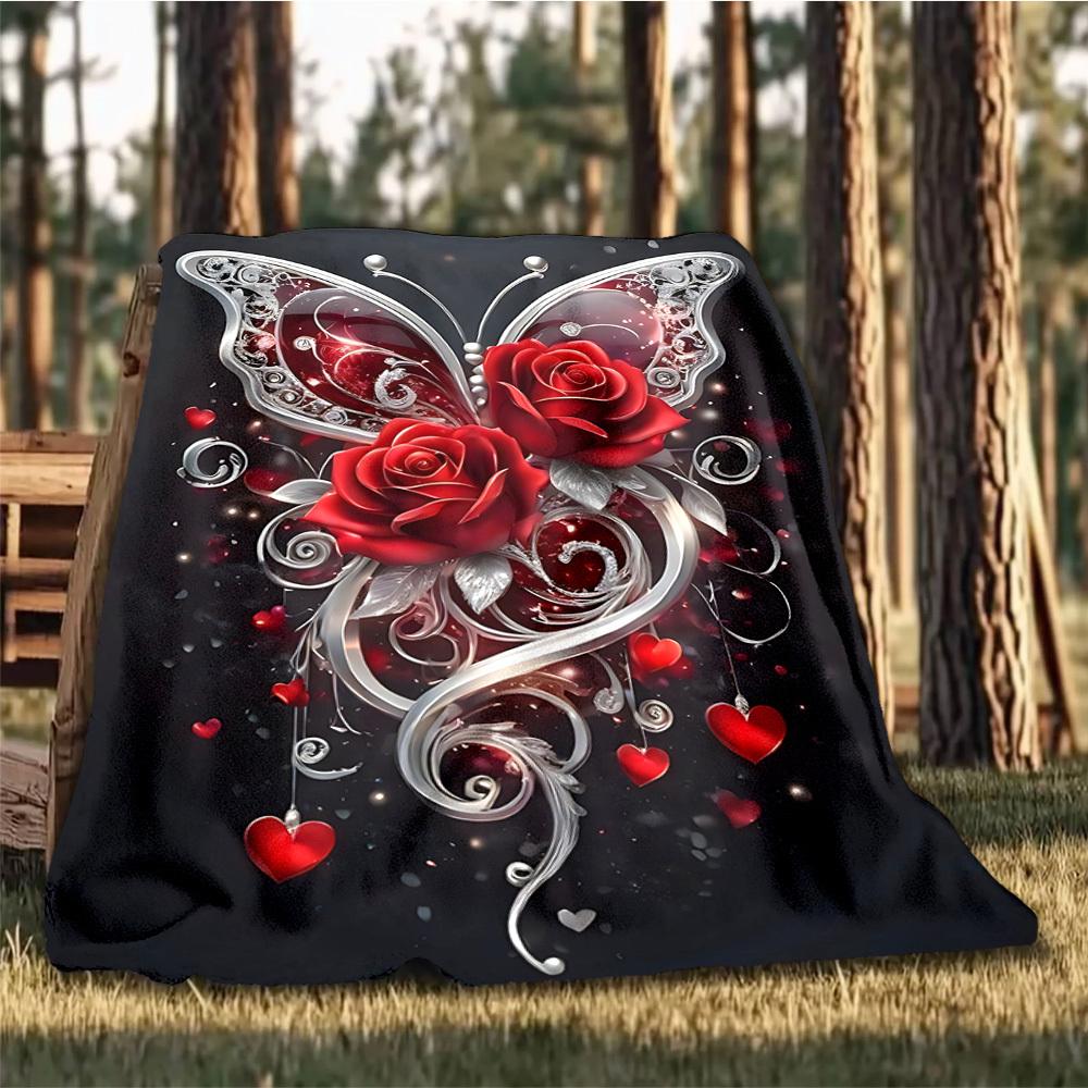 1 Stück Schmetterling Rosen Herz Outdoor Flanelldecke Weiche Ganzjahres Polyesterdecke, Perfekt für Picknicks & Reisen, Picknickzubehör
