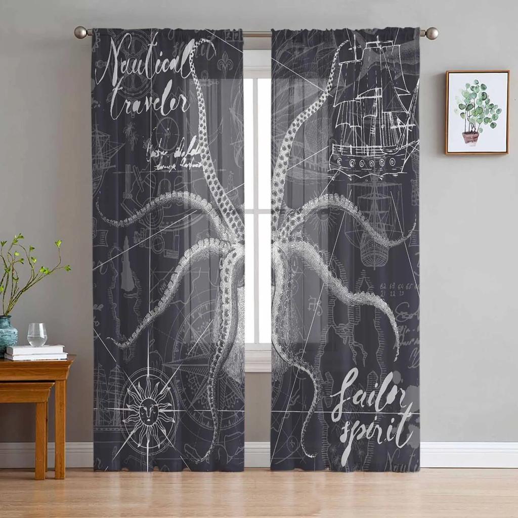 Nautical Octopus Retro Tulle Curtains For Living Room Sheer Curtain For Bedroom Kitchen Blinds Voile Curtains