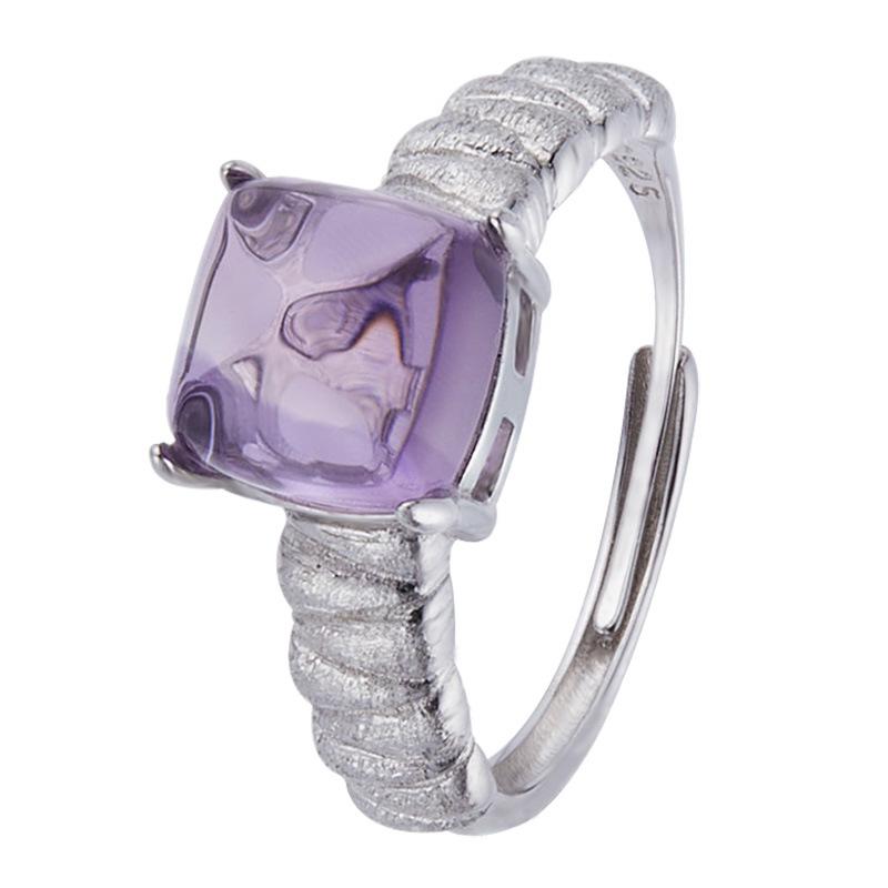 Natural Color Treasure Citrine Amethyst Sugar Tower Ring Women'S S925 Whole Body Sterling Silver Simple Brushed Index Finger Ring