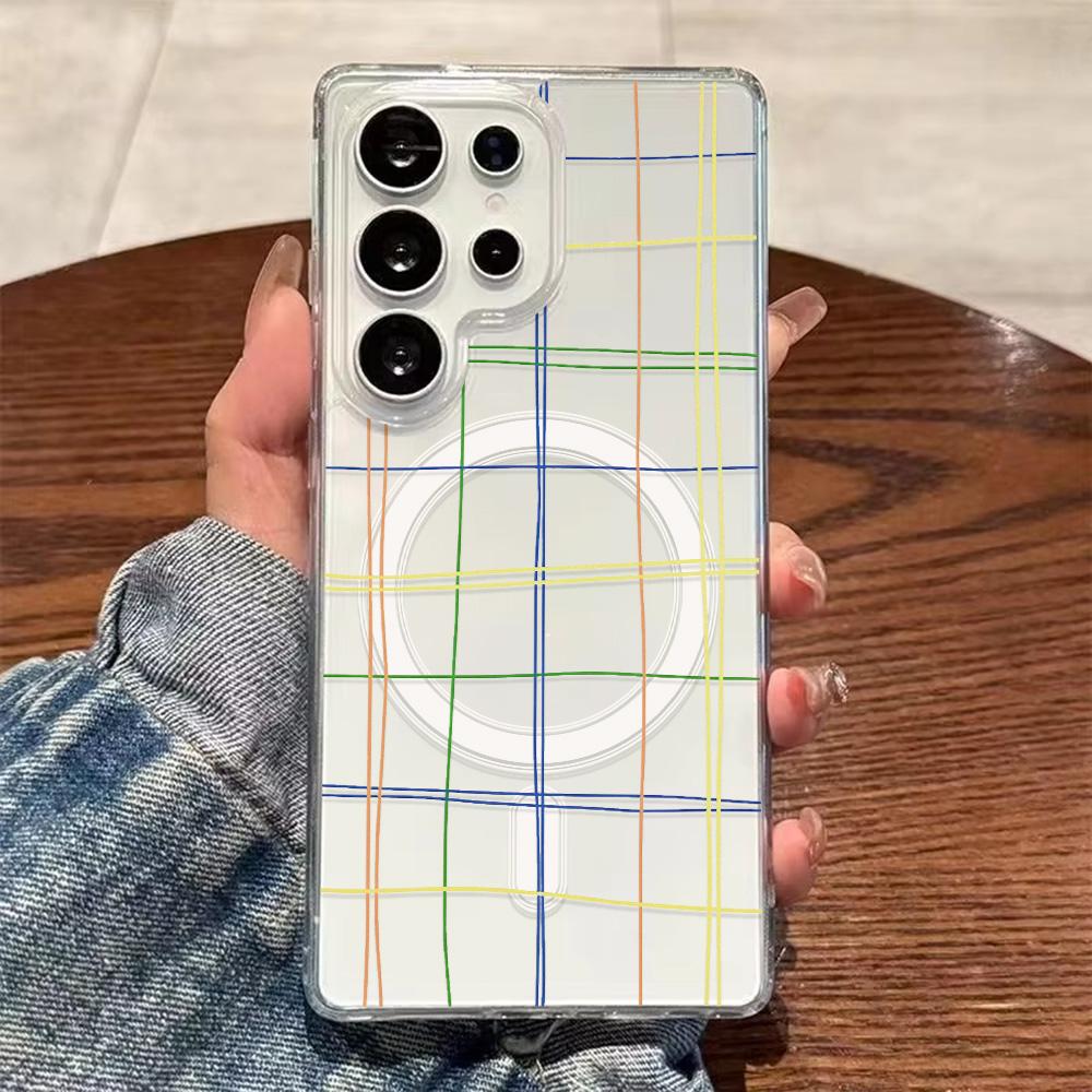 Colorful Line Grid Pattern Phone Case For Samsung A57 A37 A56 5g A16 A17 A07 A55 A54 A35 A26 S26 Ultra S25 S24 For Magsafe Cover