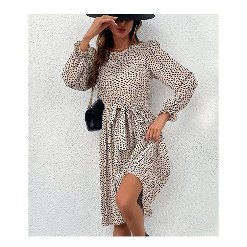 YYFS Women's Fashion Spring Fall Leopard Print Long Sleeve O-Neck High Waist Casual Dresses