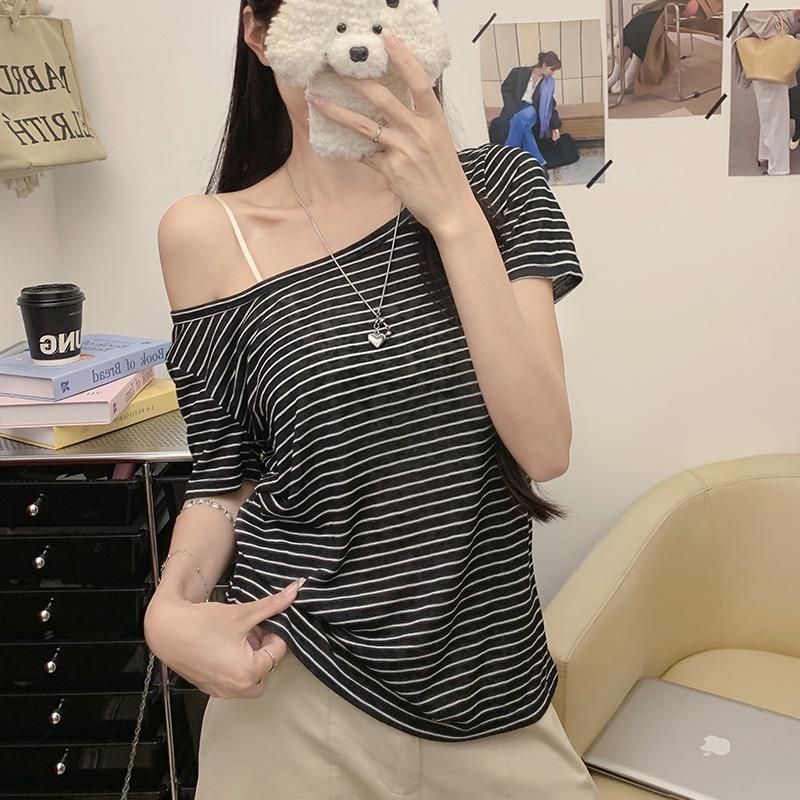 Women One Shoulder Color Block Striped Loose Short Sleeve Casual T Shirt S
