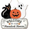 Handcrafted Wooden Halloween Door Hanger With Spooky Skeleton And Pumpkin Artwork Holiday Wooden Signboard