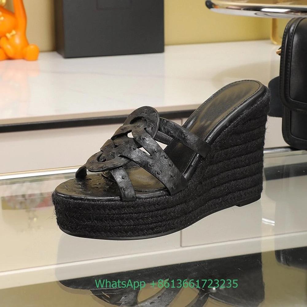 Fashion Cross Strap Leather Silp On Women Sandals Wedges Open Toe High Heels Espadrilles 2025 Summer Newest Fashion Platform Slippers