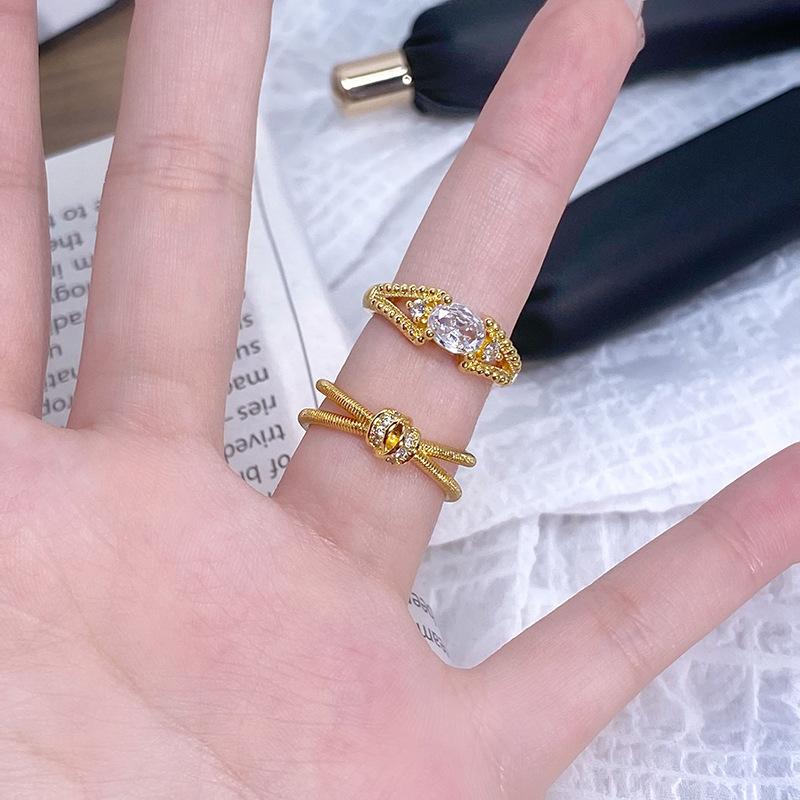 Medieval Stacked Wearing Sea Blue Horse Eye Diamond Opening Ring Women'S Double Head Bow Blue And White Flash Diamond Personalized Ring