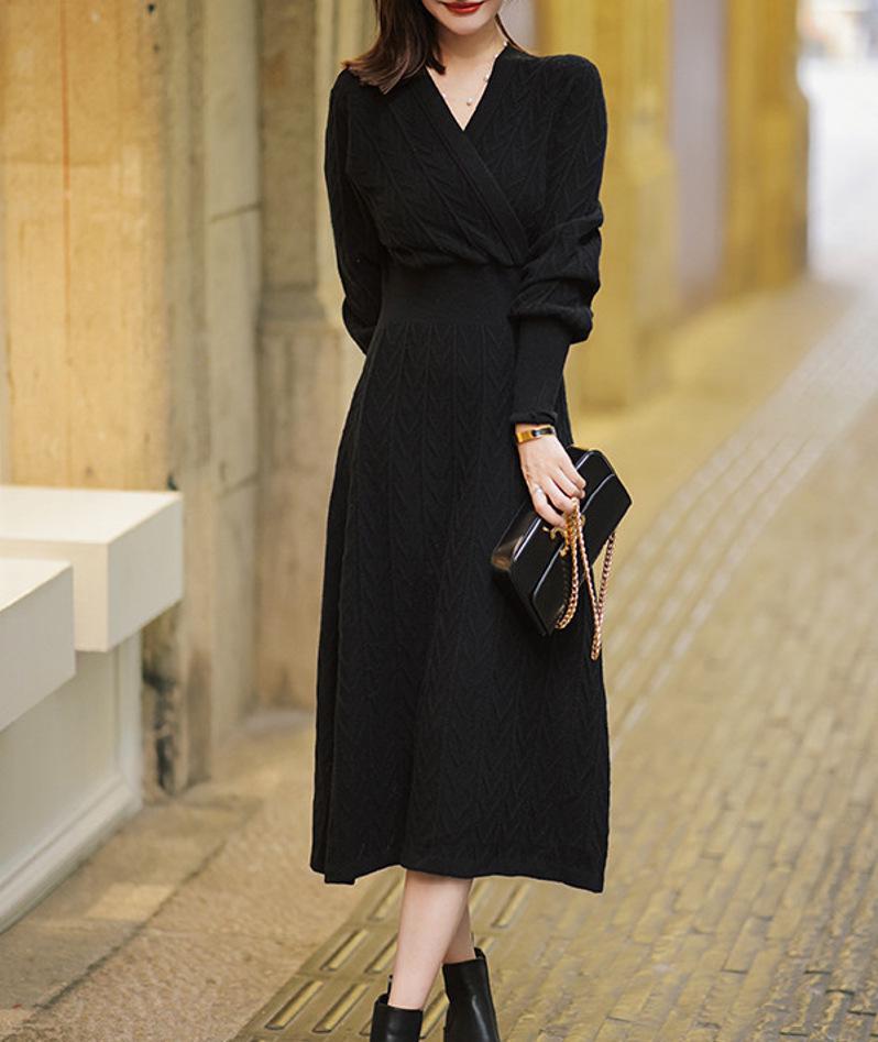 Women's Black Long Sleeve Knitted Wool Dress with Coat, Mid-Length, Over Knee, 2024 Autumn/Winter.