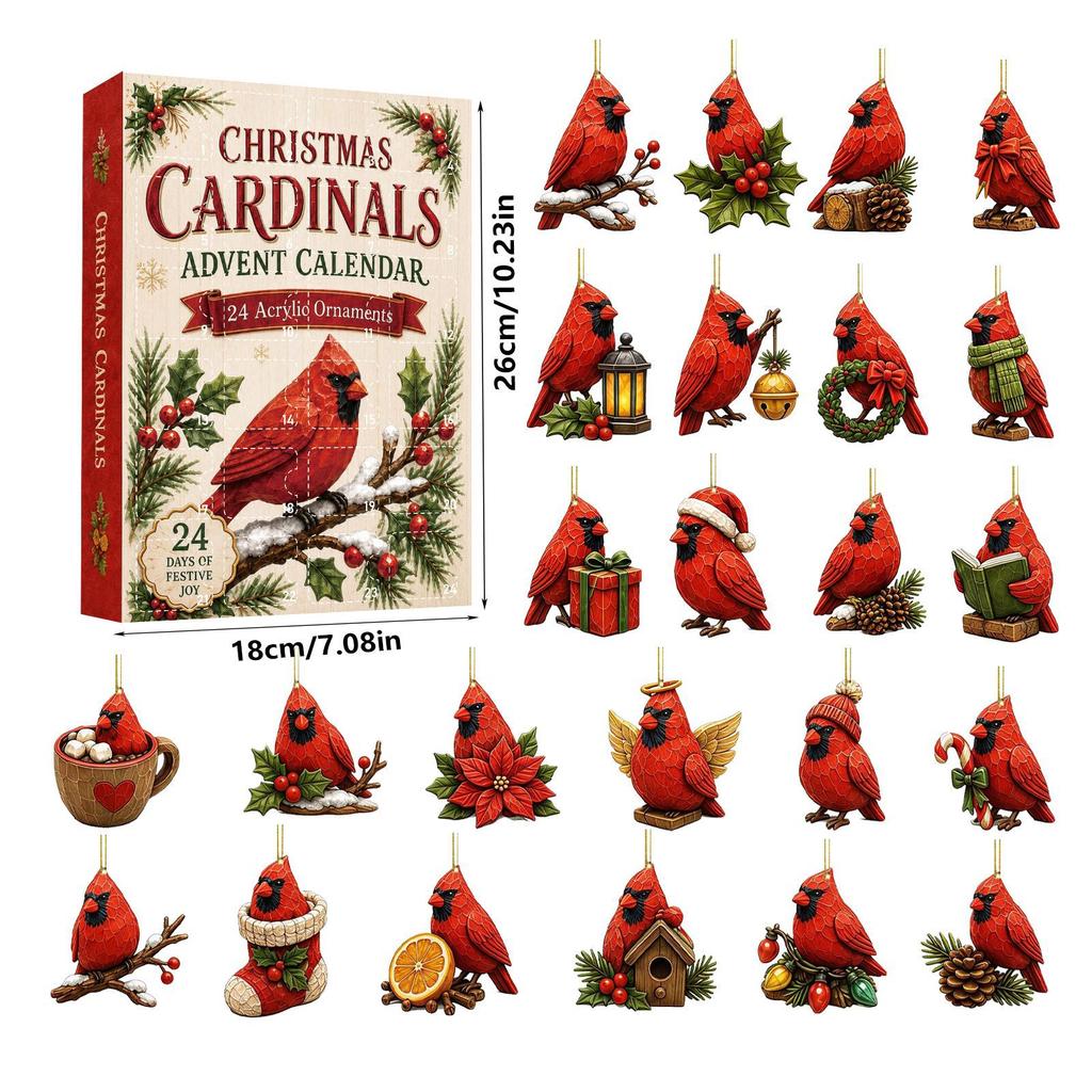 2026 Christmas Countdown Calenda, 24 Vintage-Style Cardinal Acrylic Christmas Ornament,Holiday Gift for Christmas