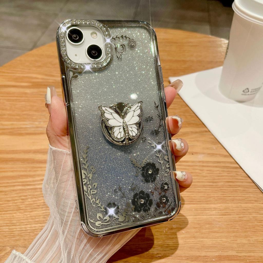 Suitable for Apple 16ProMax, Butterfly Ring Stand, Phone Case, Rhinestone, IPhone15 Electroplated Gradient Glitter Case