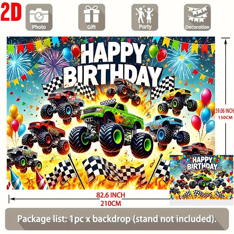 2D Plane, Featuring a Birthday Greeting Banner with a Giant Truck, Balloons, Fireworks and Grid Flags - Wheel-shaped Design