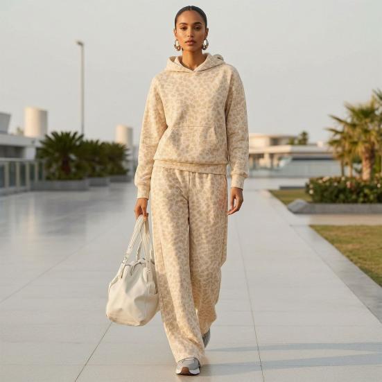 Comfortable Women Tracksuit Leopard Print Hoodie & Pants, Hooded Sweatshirt with Kangaroo Pocket, Casual Retro Outfits Wide Leg Loose Two Piece Lounge