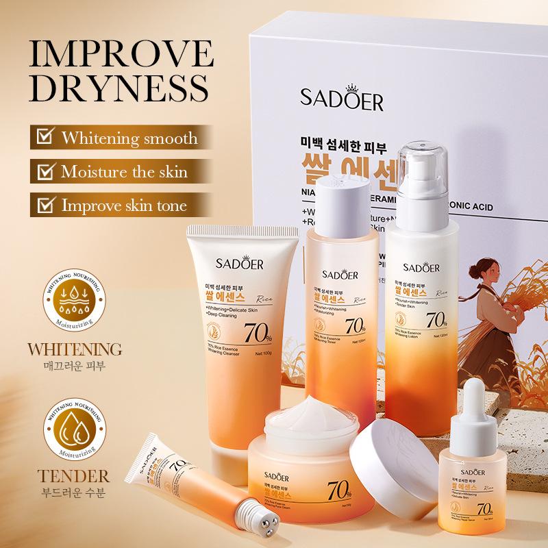 Rice Essence Whitening and Nourishing Repair 6-piece Set, Whitening and Wrinkle Removal Skin Care Product Set, Facial Care