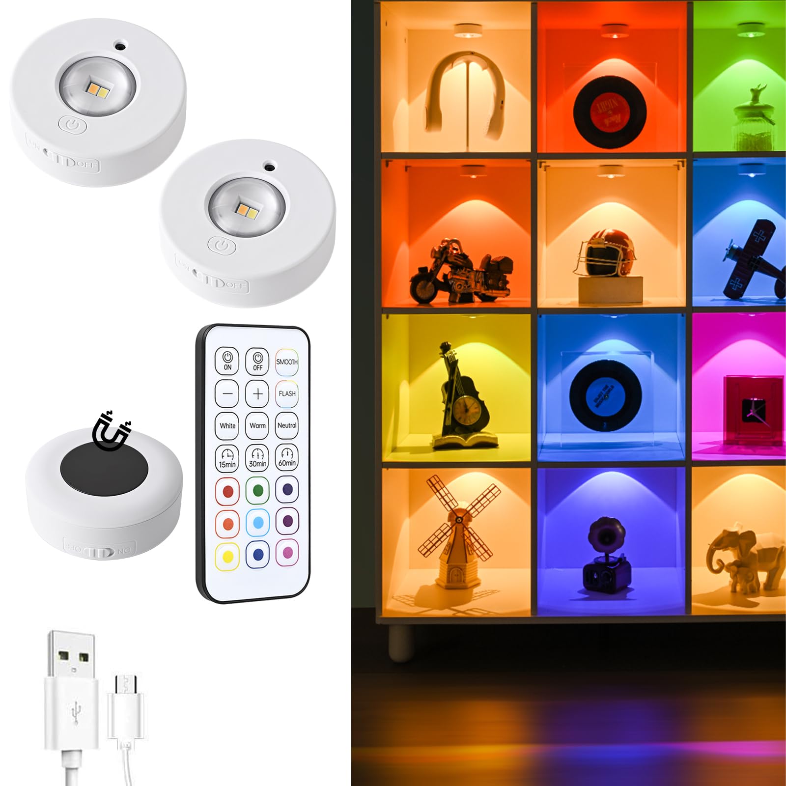 

KEEBRIGHT Figure Light Cabinet Light Rechargeable with IR Remote Control Equipped with 3 color temperature Daylight and Bulb plus 9 RGB colors Touch