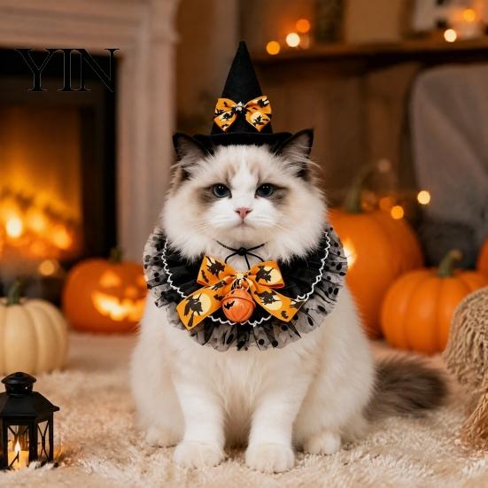 Cat Pumpkin Outfit 1 Set Halloween Costume, Wizard Hat And Lace Bandana, Ruffled Bib Pet Photo Prop with Bow Bell, Holiday Party for Small Dogs, Cats
