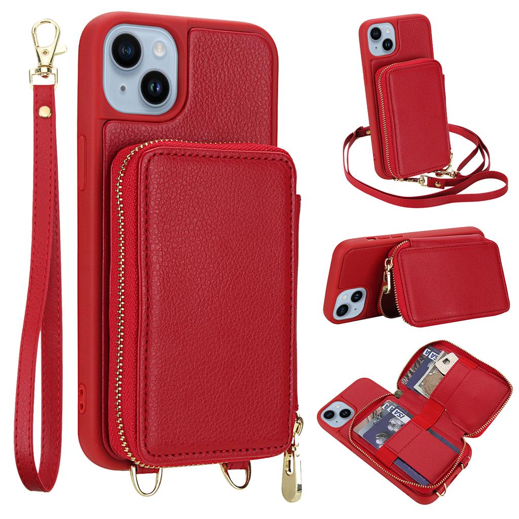 For iPhone 14/13 Case RFID Blocking Zipper Wallet Leather + TPU Phone Cover with Shoulder Strap