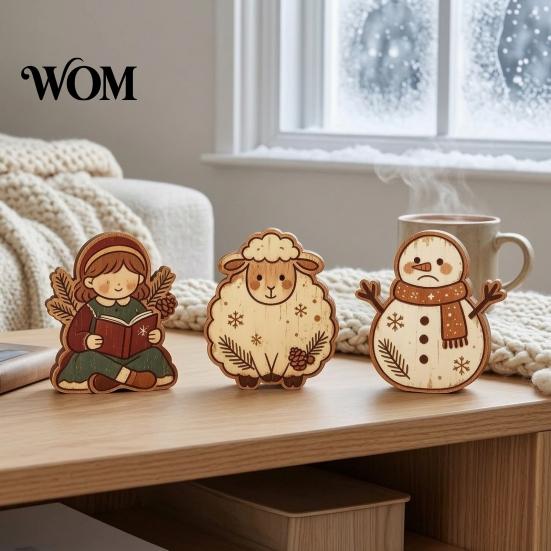Small Wooden Holiday Decorations Christmas Tree Ornaments, Vintage Colorful Desktop Decoration, Rustic Wood Figurines Home Accents with Pine
