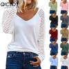 Women's Fashion Casual Solid Color Print Long Sleeve V Neck Blouses & Shirts
