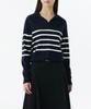 MUSINSA STANDARD WOMAN Women'S Striped Slit Neck Long Sleeve Knitted Polo Shirt [Navy/Ivory]