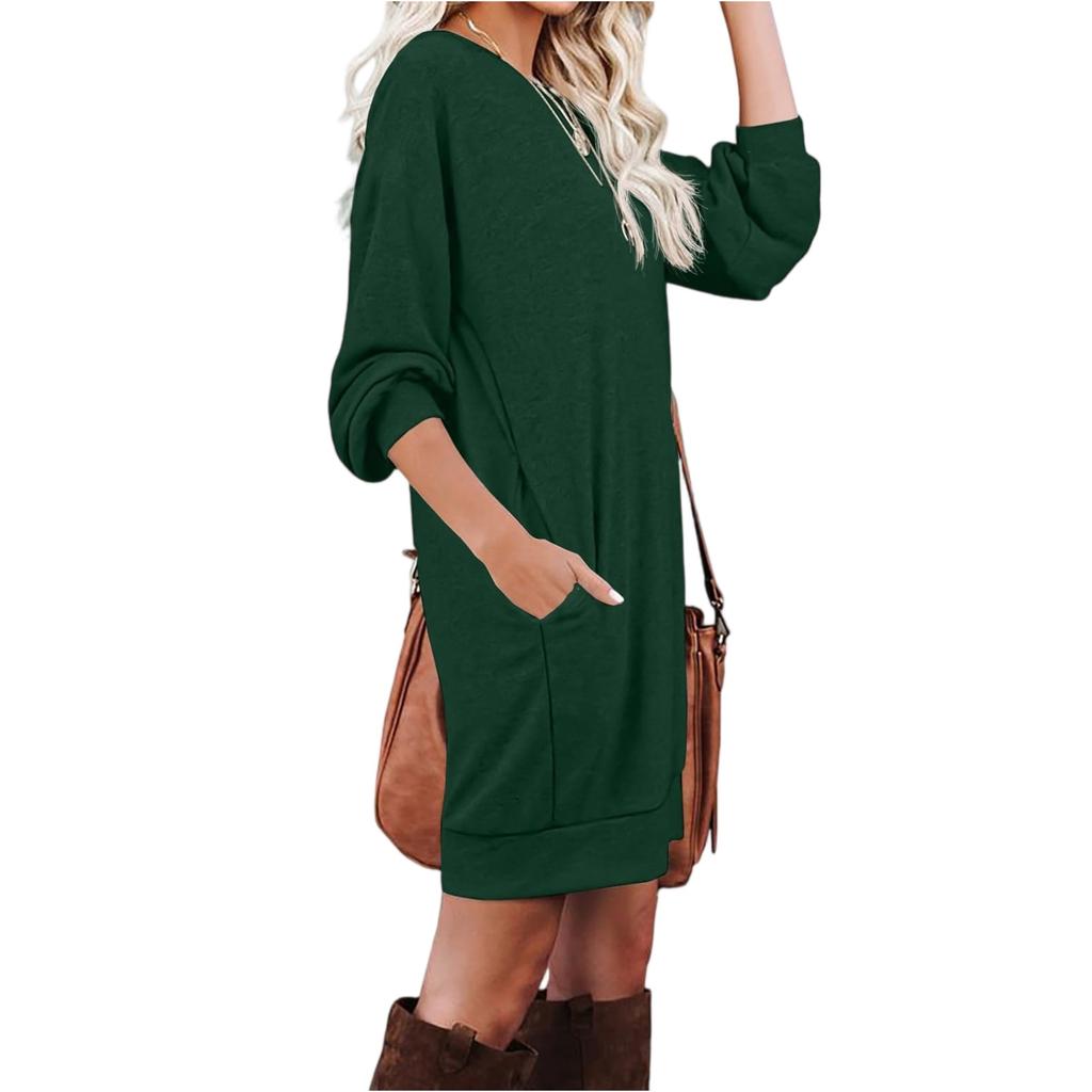 Women's Fashionable Long-sleeved Solid-color Round-neck Pocket Dress