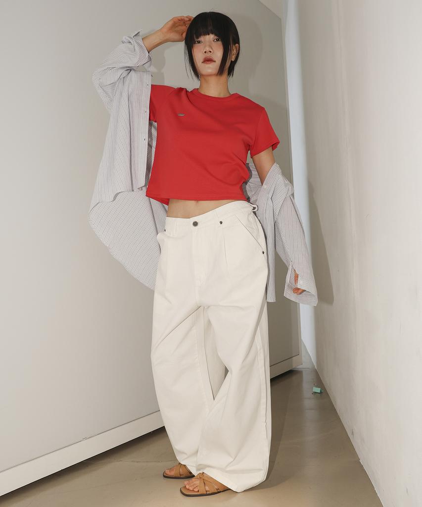 Millieonkoleu Flat Round Neck Short Sleeve T-Shirt_Red