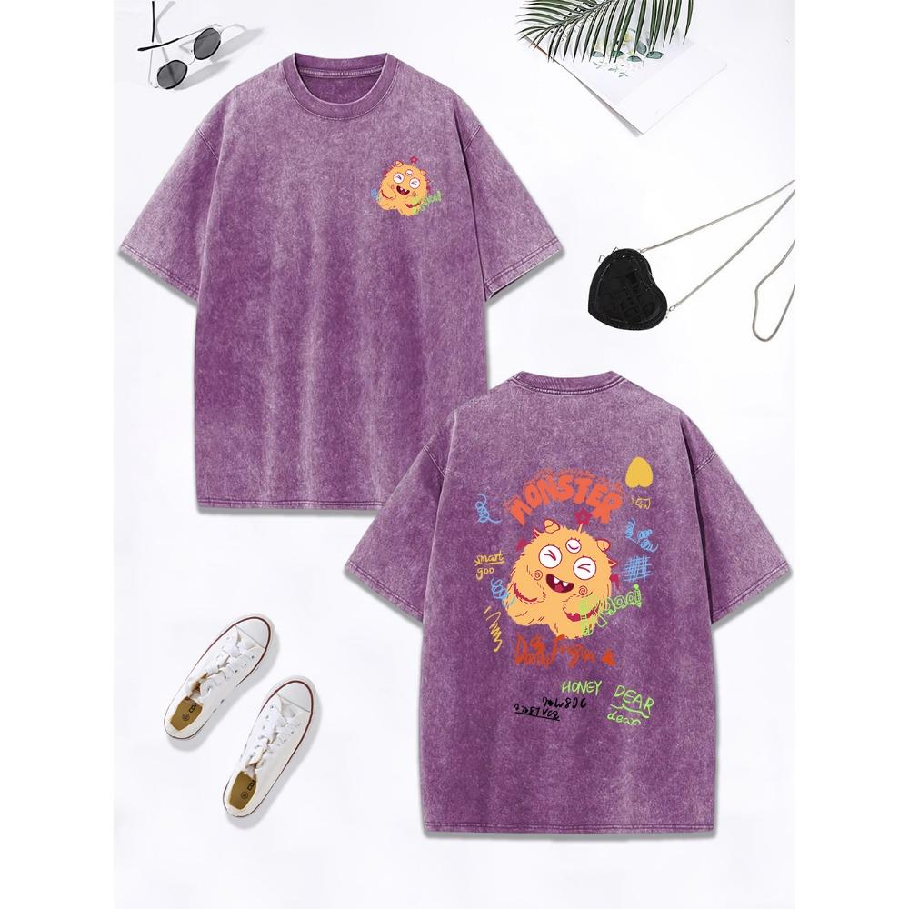 Cute Yellow Plush Little Monster Printing Washed T-Shirt Women Cotton Oversized Tops Distressed O-Neck T Shirt Clothes