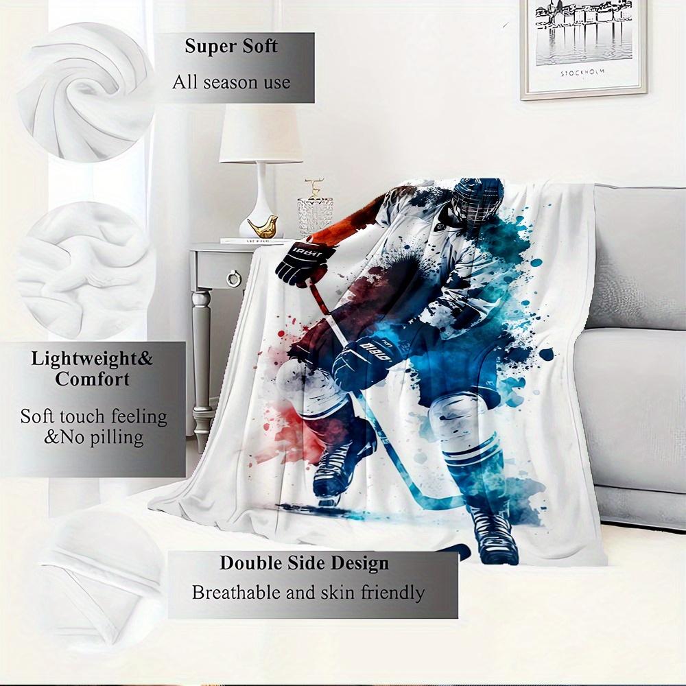 For Hockey Player,Action Pose,Watercolor Effect-Themed Flannel Blanket, Glam Style, Digital Print, All-Season Comfort, Tear-Resistant, Knitt